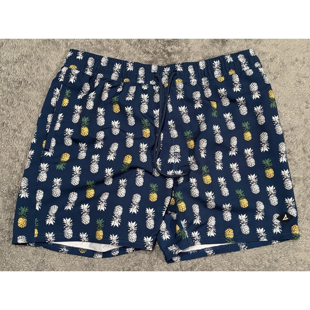 Sperry Mens Blue Pineapple Print Swim Trunks Size L Elastic Waist Mesh Lined